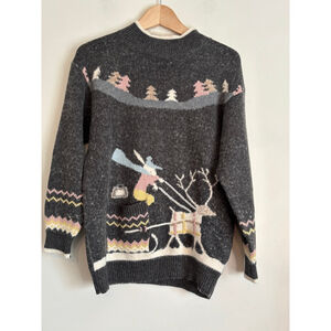 Vintage Gray High Neck Sweater Ski Scene